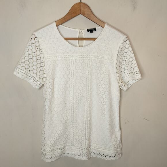 Badgley Mischka Tops - Badgley Mischka Short Sleeve Top White Lace Stretch Knit